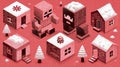Colorful Isometric Winter Landscape with Stylized Buildings and Snowy Trees Royalty Free Stock Photo