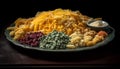 A colorful Italian pasta collection on a wooden table bowl generated by AI