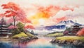 Colorful Japan Oil Painting Landscape Landscape Wallpaper Illustration Background Watercolor Ink