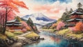 Colorful Japan Oil Painting Landscape Landscape Wallpaper Illustration Background Watercolor Ink