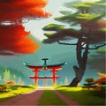 Colorful japanese landscape shrine through wooden torii. Forest Garden Royalty Free Stock Photo