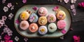 Colorful Japanese mochi on plate with sakura on wooden background. AI generated