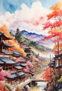 Colorful japanese Oil Painting Landscape Landscape Wallpaper Illustration Background Watercolor Ink Royalty Free Stock Photo
