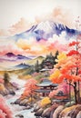 Colorful japanese Oil Painting Landscape Landscape Wallpaper Illustration Background Watercolor Ink