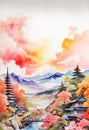 Colorful japanese Oil Painting Landscape Landscape Wallpaper Illustration Background Watercolor Ink Royalty Free Stock Photo