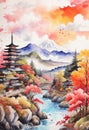 Colorful japanese Oil Painting Landscape Landscape Wallpaper Illustration Background Watercolor Ink