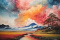 Colorful japanese Oil Painting Landscape Landscape Wallpaper Illustration Background Watercolor Ink Royalty Free Stock Photo