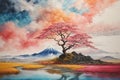 Colorful japanese Oil Painting Landscape Landscape Wallpaper Illustration Background Watercolor Ink Royalty Free Stock Photo