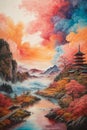 Colorful japanese Oil Painting Landscape Landscape Wallpaper Illustration Background Watercolor Ink Royalty Free Stock Photo