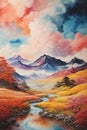 Colorful japanese Oil Painting Landscape Landscape Wallpaper Illustration Background Watercolor Ink Royalty Free Stock Photo