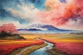 Colorful japanese Oil Painting Landscape Landscape Wallpaper Illustration Background Watercolor Ink Royalty Free Stock Photo