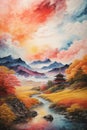 Colorful japanese Oil Painting Landscape Landscape Wallpaper Illustration Background Watercolor Ink Royalty Free Stock Photo