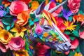 Colorful Japanese paper origami craft made unicorn flowers