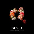 Colorful Japanese sushi roll isolated on black background ready food banner with text space