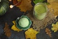 Colorful japanese sweets daifuku or mochi. Sweets close up on the plate with cup of matcha tea Royalty Free Stock Photo