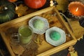 Colorful japanese sweets daifuku or mochi. Sweets close up on the plate with cup of matcha tea Royalty Free Stock Photo