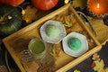 Colorful japanese sweets daifuku or mochi. Sweets close up on the plate with cup of matcha tea Royalty Free Stock Photo