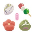 Colorful Japanese sweets in the shape of plum and wisteria flower and tricolored dumpling