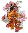 Japanese Tiger vector and illustration design on black and white background.