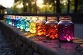 Colorful jars align a cobblestone fence under the vibrant rainbows end