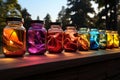 Colorful jars align a cobblestone fence under the vibrant rainbows end