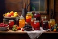 colorful jars of assorted fruit preserves on rustic table