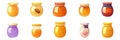 Colorful jars of honey and preserves, various shapes and sizes, vibrant colors, appealing designs, showcasing different Royalty Free Stock Photo