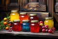 colorful jars of jam on rustic wooden table