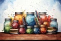 Colorful jars with paint and pencils on wooden table. Watercolor drawing