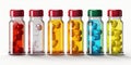 Colorful jars with pills and pills on a white background. Generated by AI