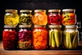 Colorful jars of preserved vegetables and pickles, mediterranean food life style Authentic