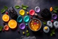 Colorful jelly candies on dark background. Top view with copy space