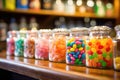 Colorful jelly candies and dragees in glass jars are sold in a candy store