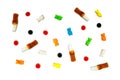 Colorful jelly gummy candies on a white background, top view