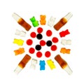 Colorful jelly gummy candies on a white background, top view