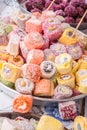 Colorful jelly mix sugar roll up sweet jelly and flavor fruit at the market stall Royalty Free Stock Photo