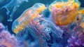 Colorful jellyfish floating in blue water with a soft-focus background Royalty Free Stock Photo