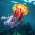 Colorful jellyfish floating in the sea. Underwater shot.
