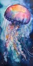 Colorful jellyfish in the ocean. Original watercolor painting.