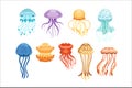 Colorful jellyfish set, swimming marine creatures watercolor vector Illustrations