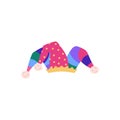 Colorful jester or joker hat with pom poms, cartoon flat vector illustration isolated on white background.