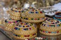 Colorful jewel boxes in Indian market on the street in Rishikesh, India Royalty Free Stock Photo