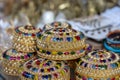 Colorful jewel boxes for sale for tourists on Indian street market in Rishikesh, India. Closeup Royalty Free Stock Photo