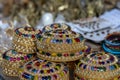 Colorful jewel boxes for sale for tourists on Indian street market in Rishikesh, India. Closeup Royalty Free Stock Photo