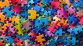 Colorful jigsaw puzzle pieces scattered on a flat surface. Autistic Pride Day