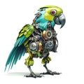 Colorful joyful parrot robot, robotic bird isolated over white background. Created with generative Ai