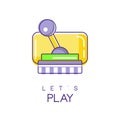 Colorful joystick for computer video game. Icon in line style with purple, green and yellow fill. Creative vector design