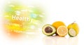 Colorful juicy fruits with healthy text and signs