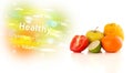 Colorful juicy fruits with healthy text and signs