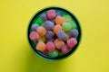 Colorful jujubes in glass bowl top view Royalty Free Stock Photo